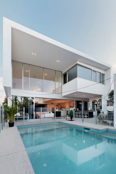 Contemporary white home with backyard and pool